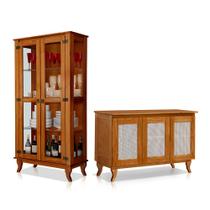 Kit Sala de Jantar Cristaleira com Buffet 3 Portas em Madeira Maciça Acabamento Premium Castanho Kit Sala de Jantar Cristaleira com Buffet 3 Portas em Madeira Maciça Acabamento Premium Castanho