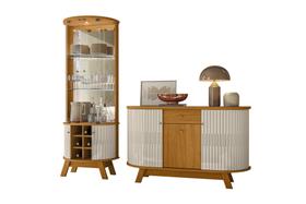 Kit Sala de Jantar Estar Cristaleira Marina Buffet Monza Cinamomo e Off White Liberty Móveis