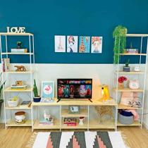 Kit Sala de TV de Ferro e Madeira Industrial Grande e Duas Estantes Torre Slim Natural e Branco