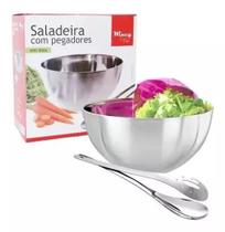 Kit Saladeira Redonda Inox Pegador Cozinha Salada Legumes
