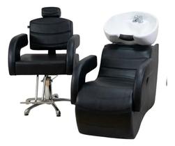 Kit Salão de beleza 1 Lavatório Cuba Porcelana Branca 1 Cadeira Reclinável Cor Preto