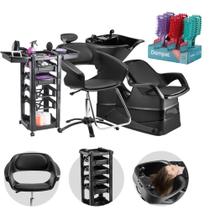 Kit Salão de Beleza Cadeira Manual + Lavatório com Cuba + Carrinho Auxiliar + 9 Escovas - Dompel