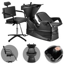 Kit Salão de Beleza Lavatório Reclinável Champ Preto + Cadeira Titan Manual Preto - Dompel
