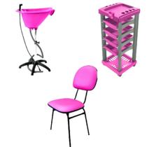 kit salão rosa carrinho + lavatório portátil + cadeira fixa