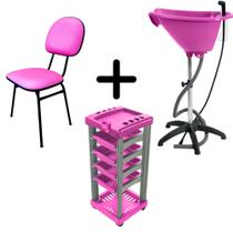 kit salão rosa carrinho + lavatório portátil + cadeira fixa