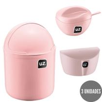 Kit Saleiro + Açucareiro c Colher + Lixeira Gourmet Rosa
