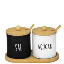 Kit Saleiro Açucareiro Vidro 2 Peças Tampa e Suporte Bambu