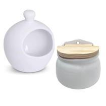 Kit Saleiro com Tampa e Porta Alho de Cerâmica Branco