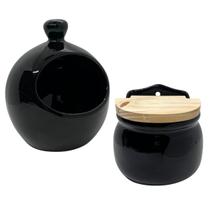 Kit Saleiro com Tampa e Porta Alho de Cerâmica Preto