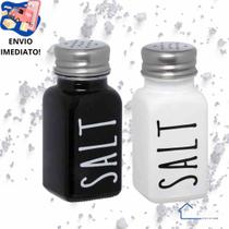 Kit Saleiro De Mesa Vidro com Tampa Inox Salt 80 ml Porta Sal Luxo Preto e Branco Minimalista Manhattan Condimentos