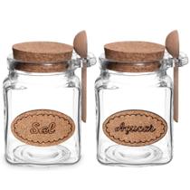 Kit Saleiro e Açucareiro de Vidro com Colher Madeira Tampa Rolha Cortiça 2pçs Capacidade 300gr