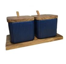 Kit Saleiro E Açucareiro Multiuso Cerâmica Bambu AZUL