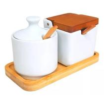 Kit Saleiro e Açucareiro Porcelana Branca Com Colher e Base De Bambu 250gr