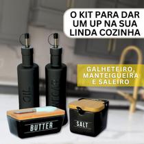 Kit Saleiro e Manteigueira Porcelana Tampa de Bambu e Colher + Galheteiros De Vidro Azeite e Vinagre