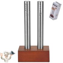 Kit Saleiro E Pimenteiro Com Suporte Em Madeira Luxo