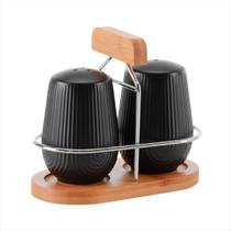 Kit Saleiro e Pimenteiro De Mesa Cerâmica Preta Texturizada Com Suporte De Bambu Porta Condimentos Sal Pimenta Linha Oásis Cozinha Gourmet