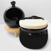 Kit Saleiro e Porta Alho em Cerâmica Preto