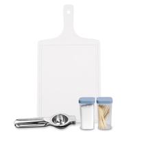 Kit Saleiro Pimenteiro Com Tábua Para Corte De Carne De Plástico Cozinha E Espremedor Limão Inox