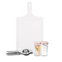 Kit Saleiro Pimenteiro Com Tábua Para Corte De Carne De Plástico Cozinha E Espremedor Limão Inox