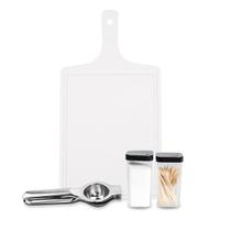 Kit Saleiro Pimenteiro Com Tábua Para Corte De Carne De Plástico Cozinha E Espremedor Limão Inox