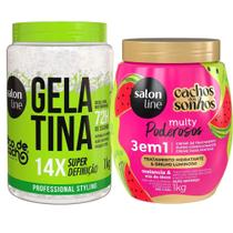 Kit Salon Line Gelatina 1kg + Creme 3 em 1 Cachos Dos Sonhos Multy Melancia 1kg