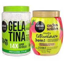 Kit Salon Line Gelatina 1kg + Creme 3 em 1 Cachos Dos Sonhos Multy Morango1kg