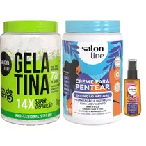 Kit Salon Line Gelatina 1kg + Creme De Pentear Definição Natural 1Kg + Óleo Capilar Super Óleos 42ml