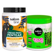 Kit Salon Line Gelatina To De Cacho 550g E Creme Para Pentear Salon Line Super Óleos 1kg