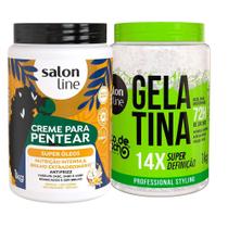 Kit Salon Line Gelatina To De Cacho E Creme Para Pentear Salon Line Super Óleos 1kg
