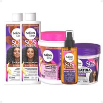 Kit Salon Line SOS Cachos Super Óleos: Shampoo 300ml e Condicionador 200ml + Cremáscara 2 em 1 1kg, Gelatina Ativadora de Cachos 400g e Óleo de Tratam