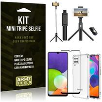 Kit Samsung A22 4G Mini Tripé Selfie Bluetooth para + Capa Anti Impacto + Película 3D - Armyshield