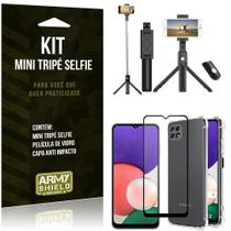 Kit Samsung A22 5G Mini Tripé Selfie Bluetooth para + Capa Anti Impacto + Película 3D - Armyshield