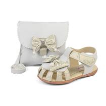 Kit Sandália Com Bolsa Menina Bebê Laço Branco Brilho Estiloso Confortável Gatatuya