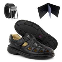 Kit Sandália Conforto AntiStress Masculina Couro Preto + Carteira e Cinto