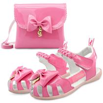 Kit Sandália Feminina Infantil Menina Com Bolsinha Laço Pink Mz Shoes