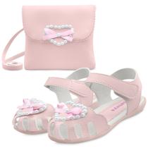 Kit Sandália Feminina Infantil Menina Coração Com Bolsa Rosa Pérolas Gatatuya