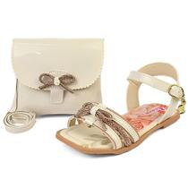 Kit Sandália Feminina Infantil Rasteira Com Bolsa Brilho Laço Off White Mzkid Kit Sandália Feminina Infantil Rasteira Com Bolsa Brilho Laço Off White Mzkid