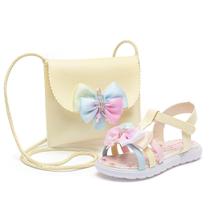 Kit Sandália Feminina Infantil Rasteira Confortável Laço Branco Com Bolsa MzKid