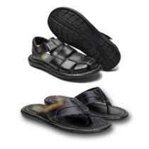 Kit Sandalia Franciscana Fechada e Chinelo Tradicional De Dedo Masculino em Couro Legitimo Solado Antiderrapante Leve macio e confortável