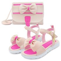 Kit Sandália Infantil Com Laço Mz Shoes Com Bolsa Summer Fivela Menina Rosa/Pink Kit Sandália Infantil Com Laço Mz Shoes Com Bolsa Summer Fivela Menina Rosa/Pink