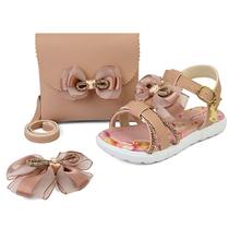 Kit Sandália Infantil Feminina Laço Menina Luxo Bolsa e Presilha Nude/Glitter Gatatuya
