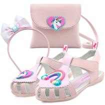 Kit Sandália Infantil Feminina Unicórnio Com Bolsa E Tiara Rosa Mz Shoes