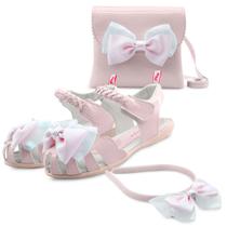 Kit Sandália Infantil Menina Feminina Com Bolsinha E Tiara Laço Rosa Mzkid