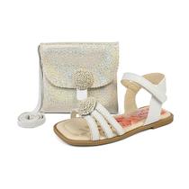 Kit Sandália Infantil Menina Flor Antiderrapante Com Bolsinha Branca Prata Mzkid