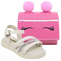 Kit Sandalia Infantil Menina Macia Delicada Tira Strass Brilho E Bolsa De Pompom Rosa Fofa Moderna