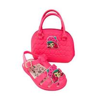 Kit Sandália Infantil Menina personagem com Bolsinha e Prendedor de cabelo
