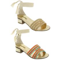 Kit Sandalia Infantil Menina Salto Grosso Tiras Brilho Dourado + Sandalia Feminina Salto Infantil Tiras Trançada 2 Pare