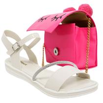 Kit Sandalia Infantil Menina Tiras Strass Brilho E Bolsa Moderna De Pompom Alça Corrente Delicada