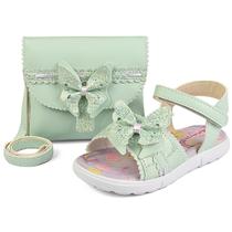 Kit Sandália Menina Infantil Borboleta Com Bolsa Confortável Verde/Brilho Gatatuya