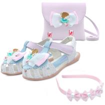 Kit Sandália Menina Infantil Feminina Bailarina Com Bolsa E Tiara Branco/Lilás Gatatuya